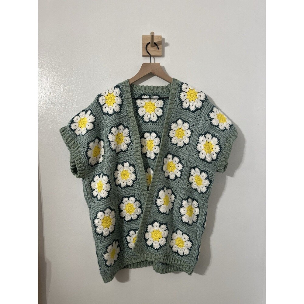 Handmade Crochet Cardigan Shawl Granny Square Floral Teal Short Sleeve
